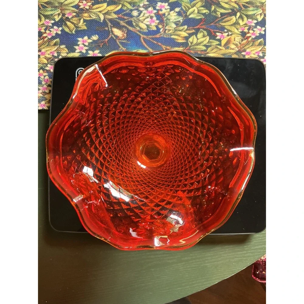 Vintage Amberina Glass Ruffled Compote Dish Diamond Point Pedestal Red‎ Yellow